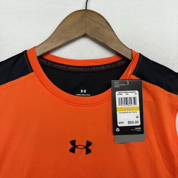 Under Armour Tank Top Men's medium Orange Black Fitted Heatgear Vent Gym NEW - Picture 5 of 9